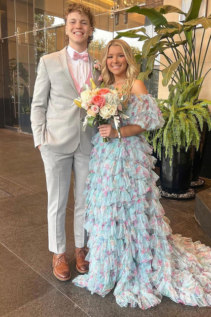 Princess Long Prom Dress with Blue Floral Off-Shoulder Puff Sleeves and Tiered Tulle
