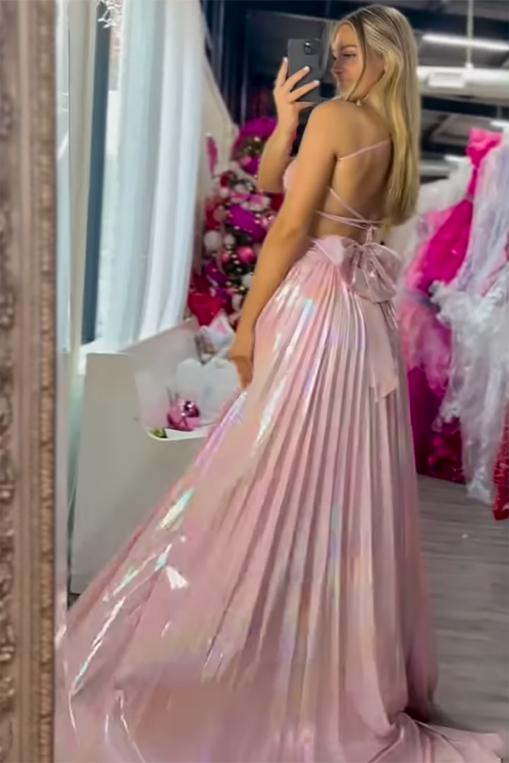 Metallic Pink A-Line Long Prom Dress with Pleated Spaghetti Straps and Bow