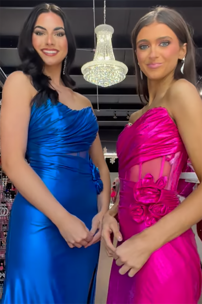 Metallic Long Prom Corset Dress with Fuchsia Sweetheart Mermaid Silhouette and Slit