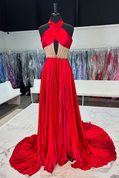 Elegant Royal Blue A-Line Satin Prom Dress with Halter Neck and Beaded Details