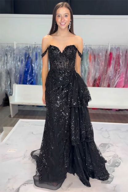 Black Sparkle Off-Shoulder Corset Prom Dress with Mermaid Silhouette and Tiered Tulle Applique