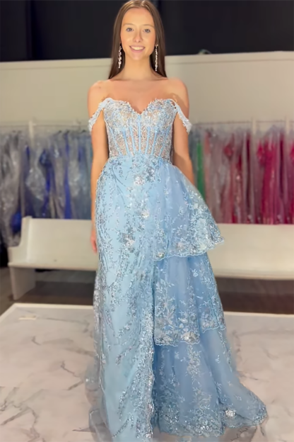 Black Sparkle Off-Shoulder Corset Prom Dress with Mermaid Silhouette and Tiered Tulle Applique