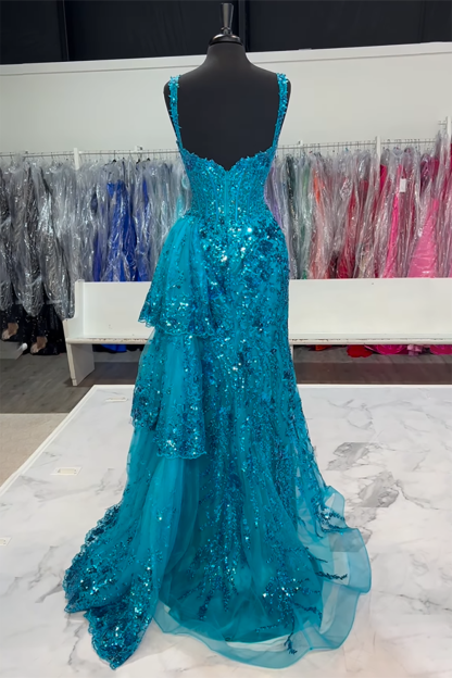 Black Sparkle Off-Shoulder Corset Prom Dress with Mermaid Silhouette and Tiered Tulle Applique