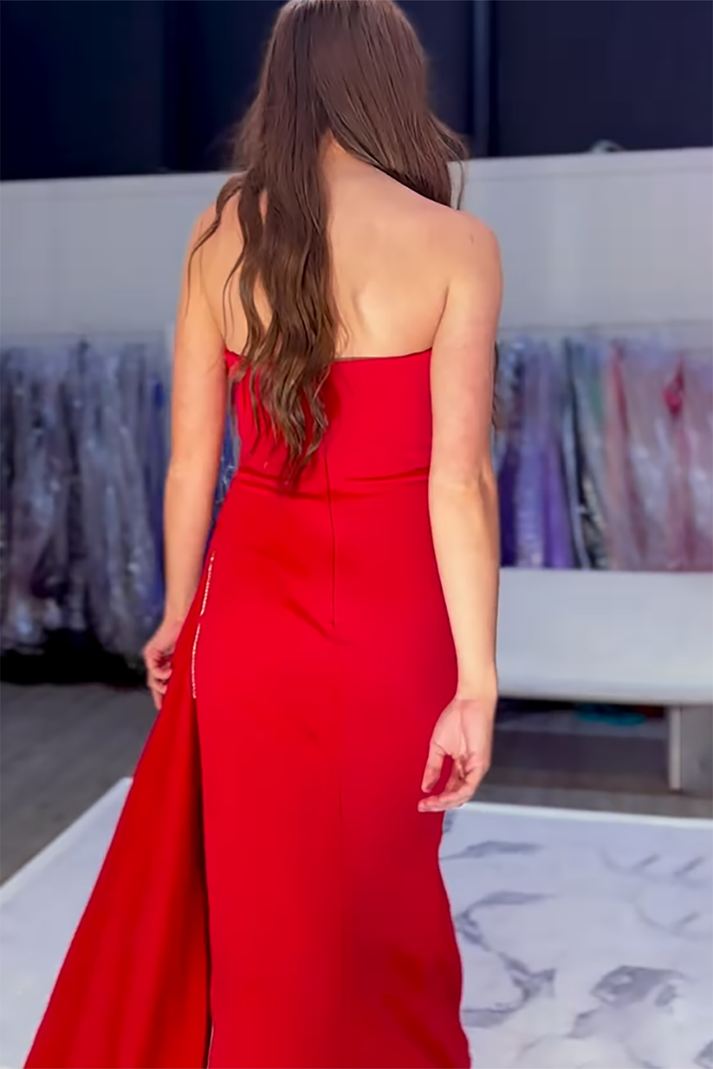 Long Red Sparkly Mermaid Prom Dress with Ruched Satin and Sweetheart Beading