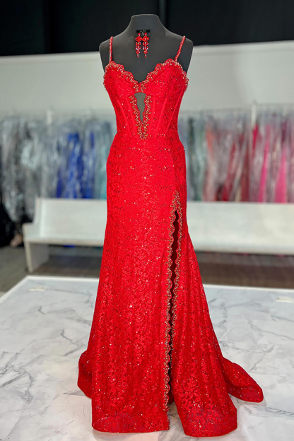 Long Mermaid Prom Dress with Sparkly Dark Red Beaded Corset and Spaghetti Straps Featuring a Slit