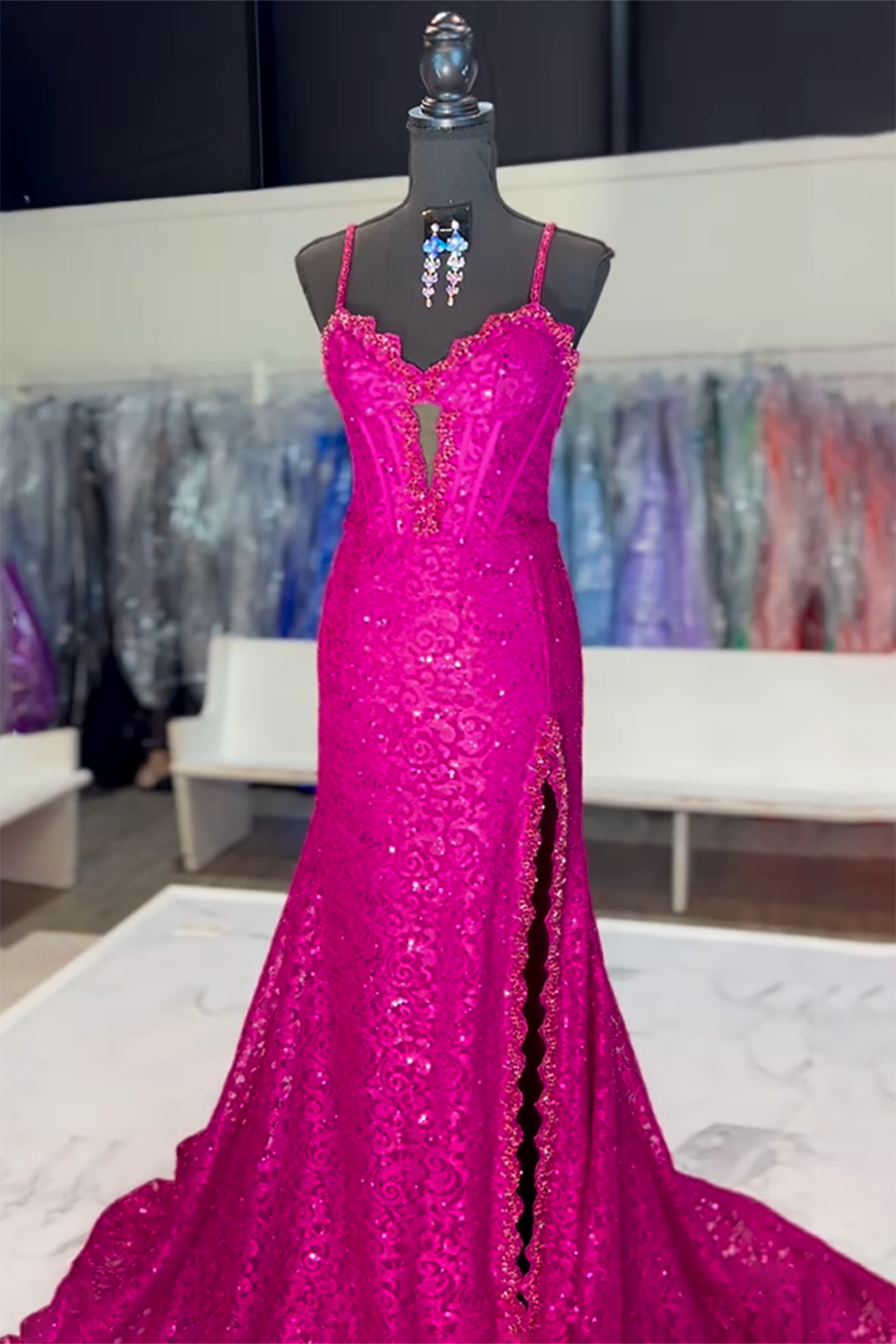Long Mermaid Prom Dress with Sparkly Dark Red Beaded Corset and Spaghetti Straps Featuring a Slit