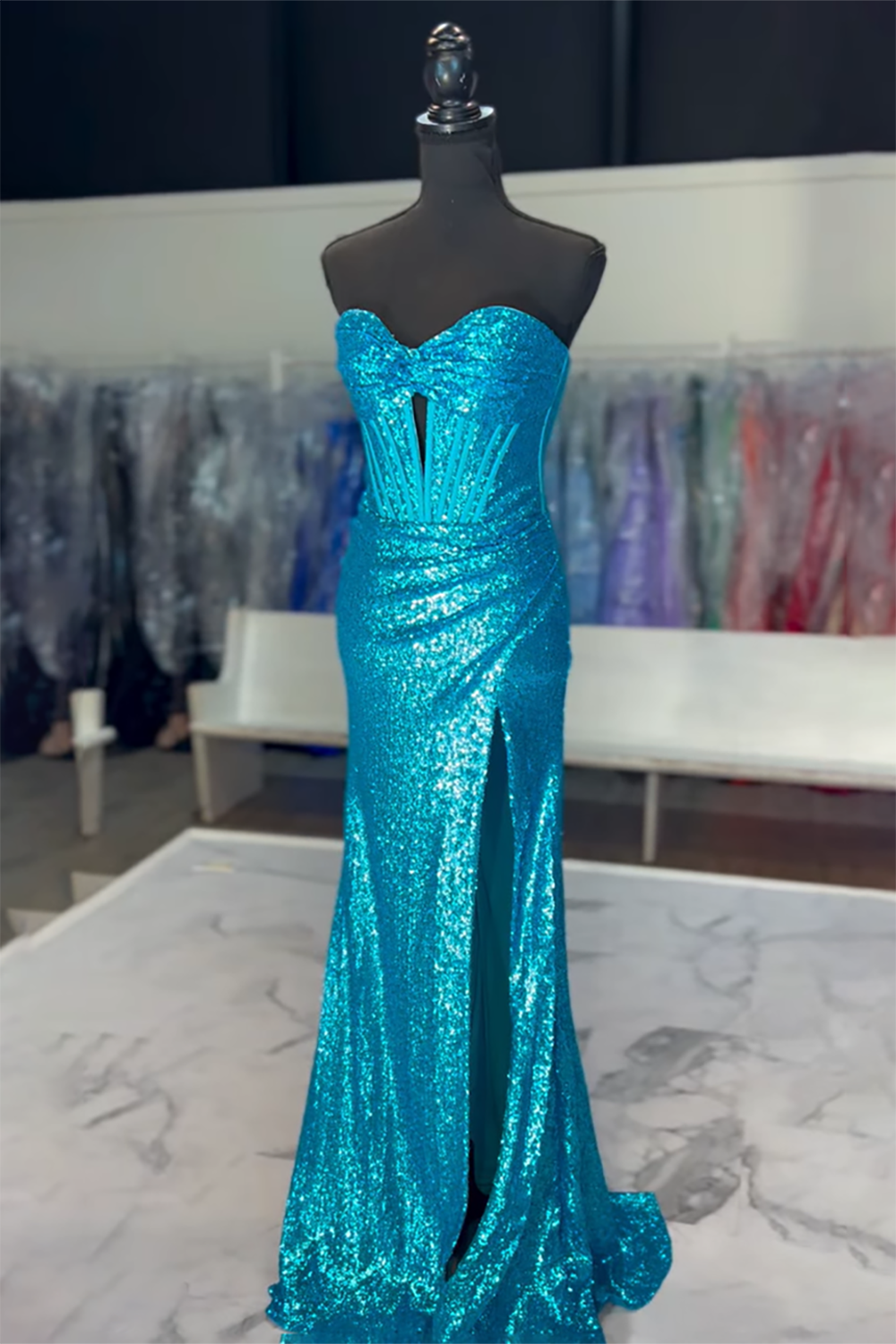 Long Sequin Corset Prom Dress with Slit in Sparkly Orange Sweetheart Mermaid Style