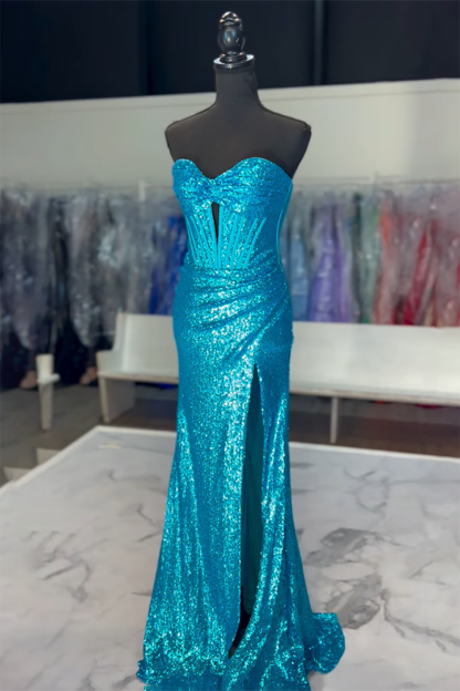Long Sequin Corset Prom Dress with Slit in Sparkly Orange Sweetheart Mermaid Style