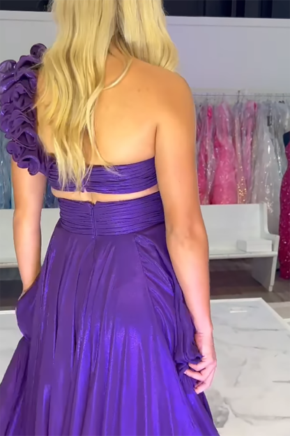 Long A Line Prom Dress in Purple with One Shoulder and Cut-out Slit