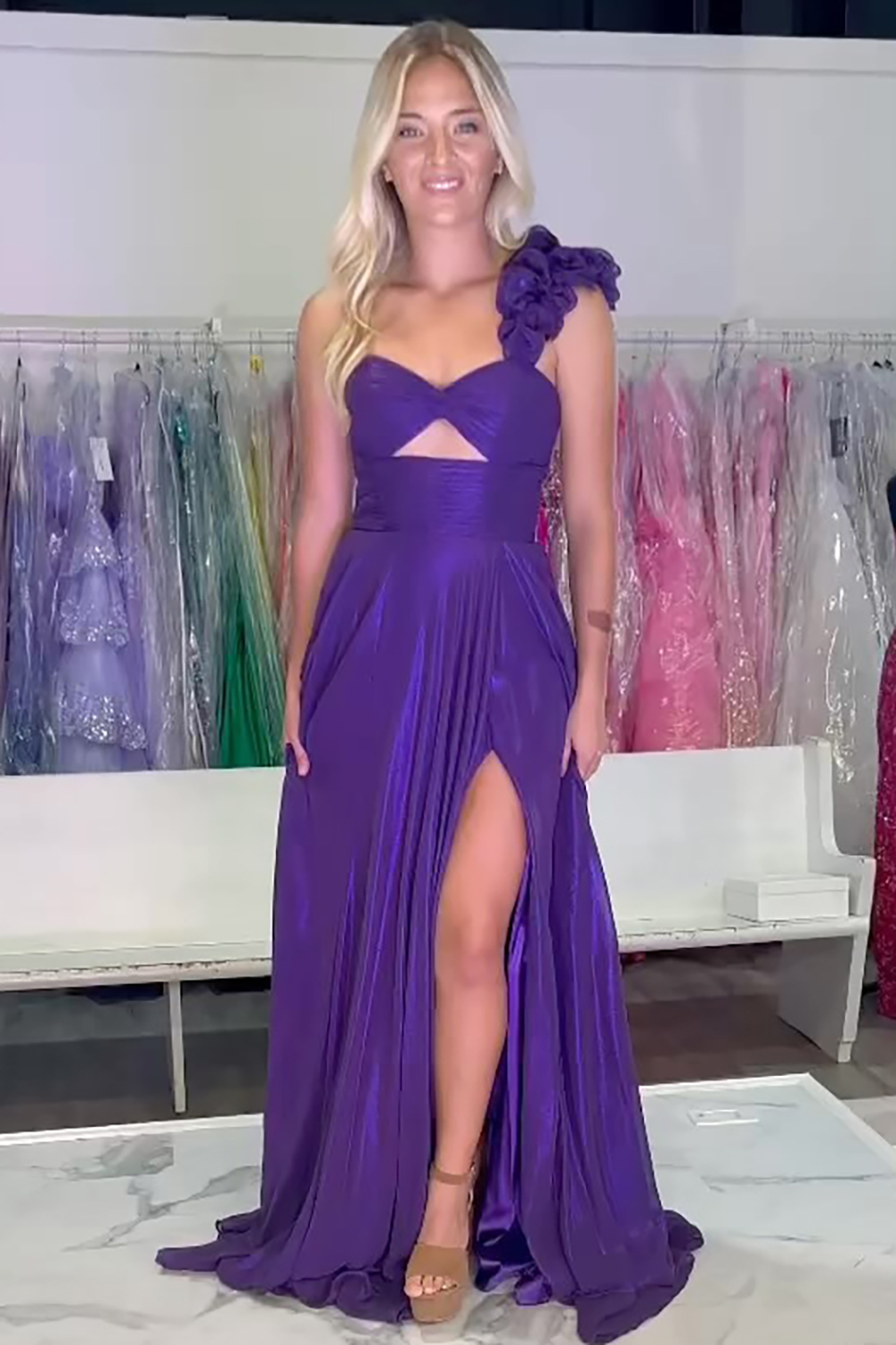 Long A Line Prom Dress in Purple with One Shoulder and Cut-out Slit