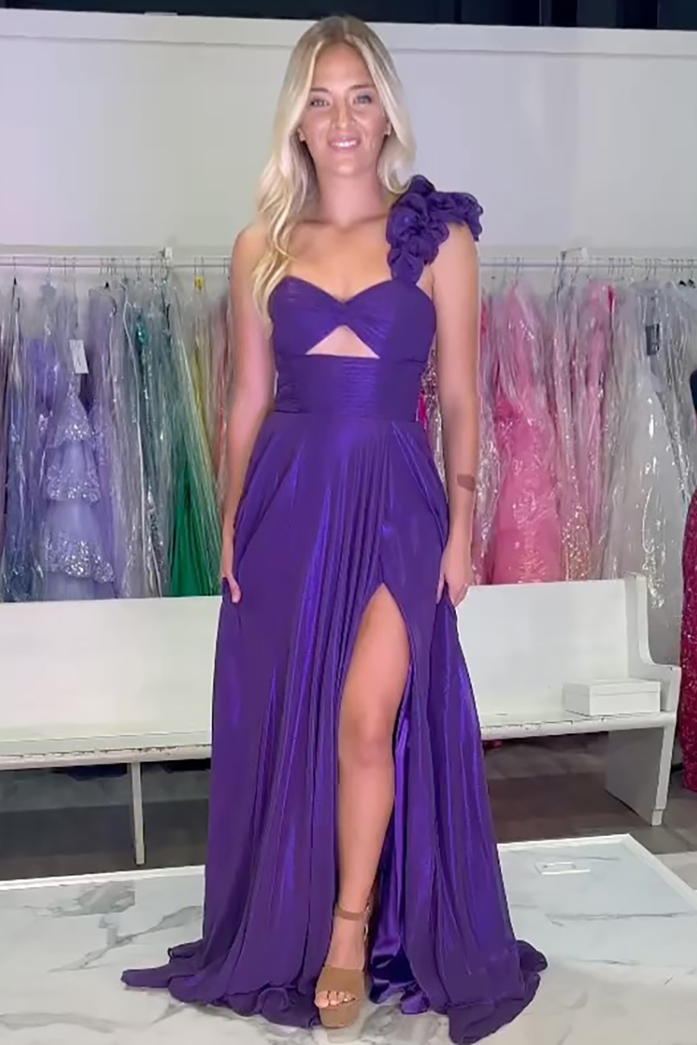Long A Line Prom Dress in Purple with One Shoulder and Cut-out Slit