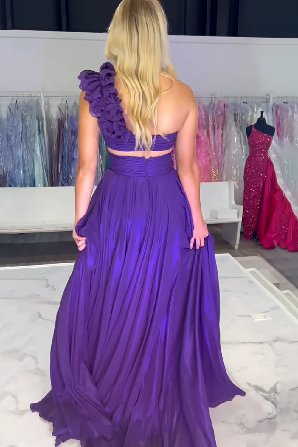 Long A Line Prom Dress in Purple with One Shoulder and Cut-out Slit