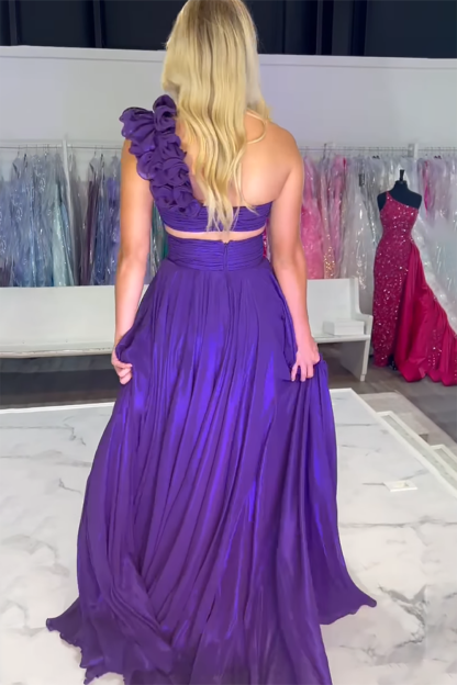 Long A Line Prom Dress in Purple with One Shoulder and Cut-out Slit