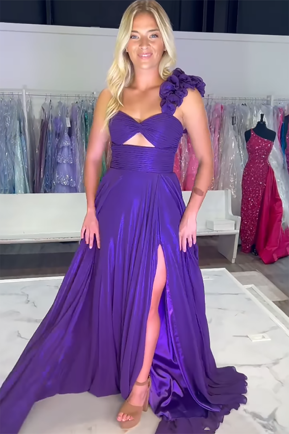 Long A Line Prom Dress in Purple with One Shoulder and Cut-out Slit