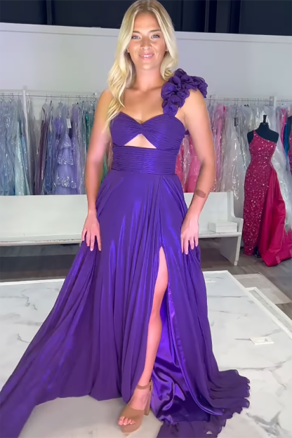 Long A Line Prom Dress in Purple with One Shoulder and Cut-out Slit