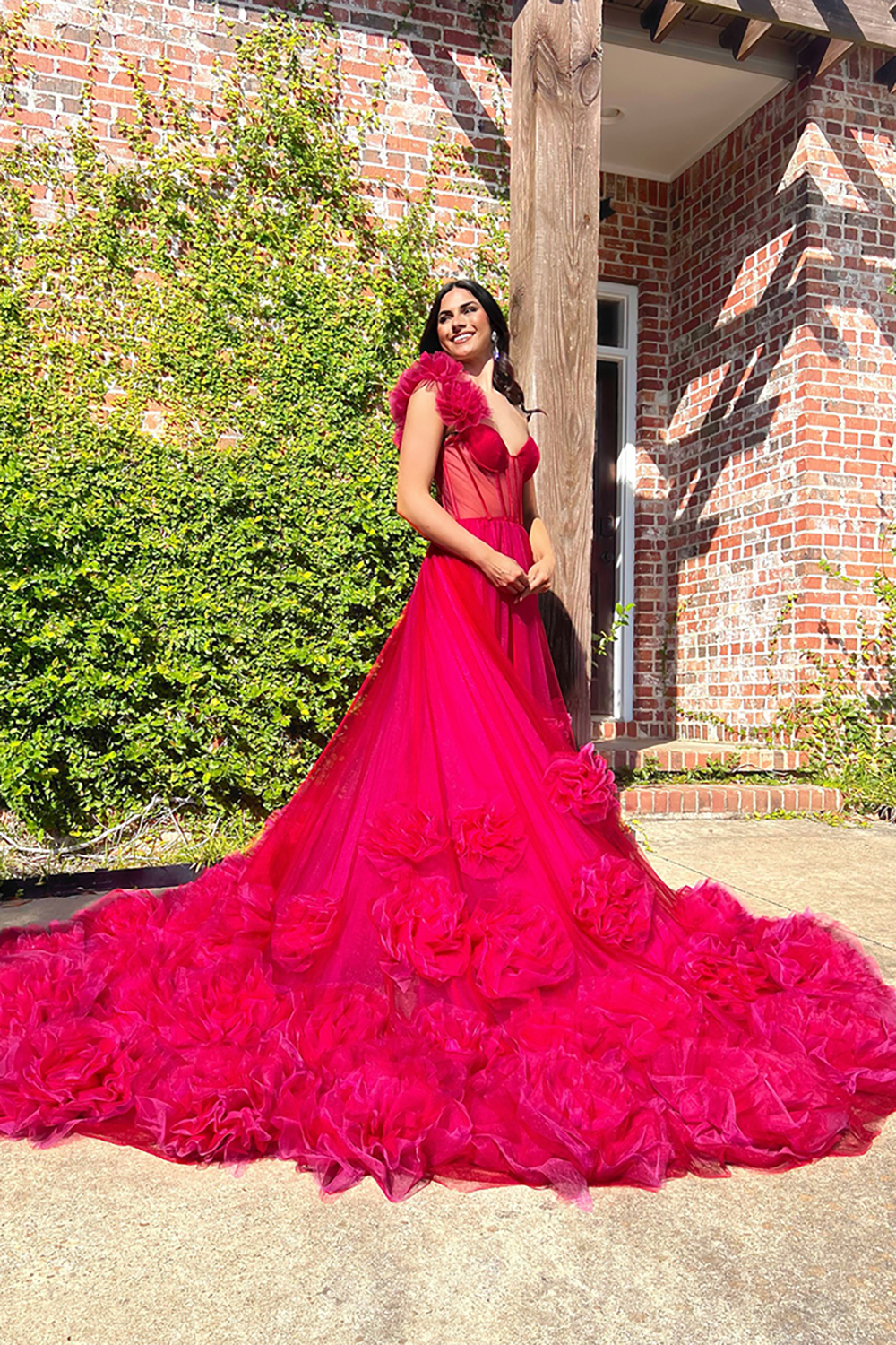 Long Fuchsia Corset Prom Dress with 3D Flowers in A-Line Tulle and One Shoulder