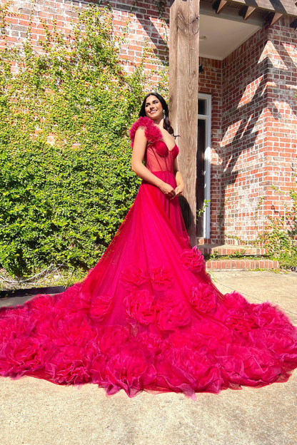 Long Fuchsia Corset Prom Dress with 3D Flowers in A-Line Tulle and One Shoulder
