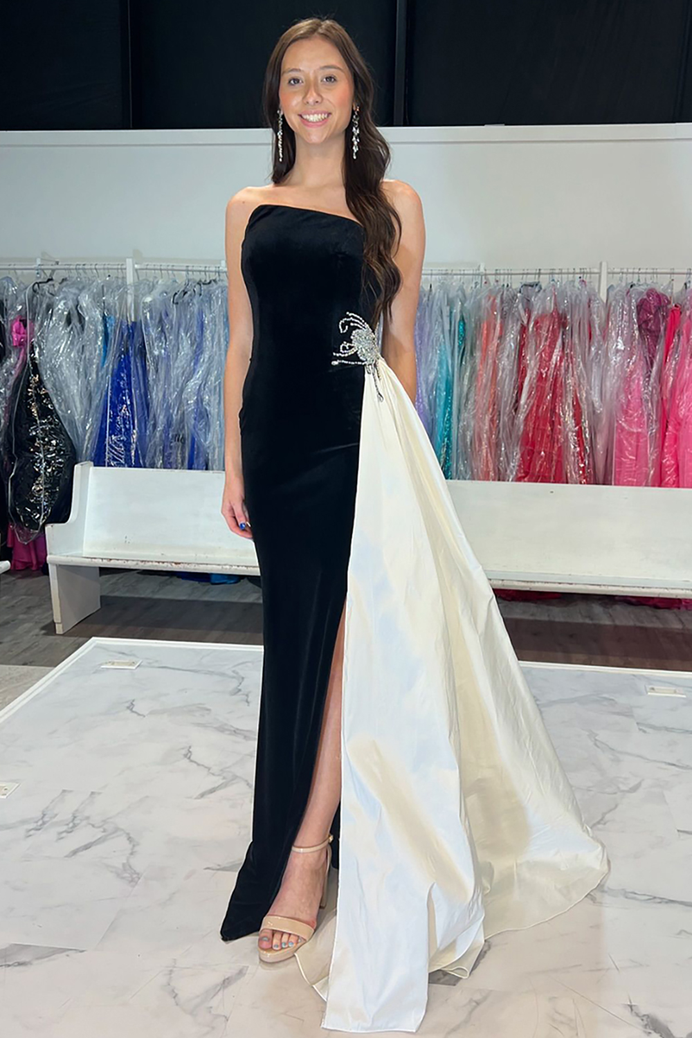 Velvet Royal Blue Long Mermaid Prom Dress with Strapless Neckline and Slit