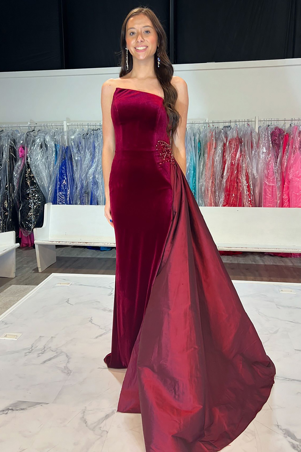 Velvet Royal Blue Long Mermaid Prom Dress with Strapless Neckline and Slit