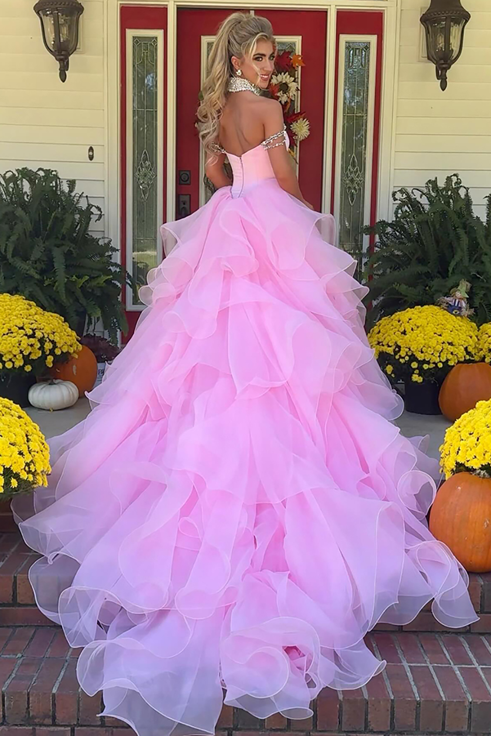 Long Corset Prom Dress in Pink with Off-the-Shoulder Princess Tulle
