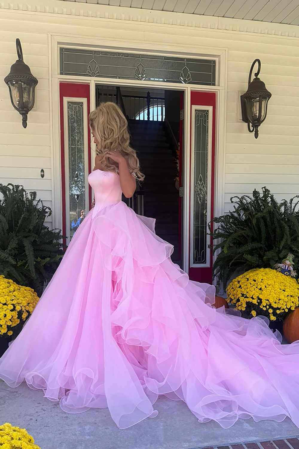 Long Corset Prom Dress in Pink with Off-the-Shoulder Princess Tulle