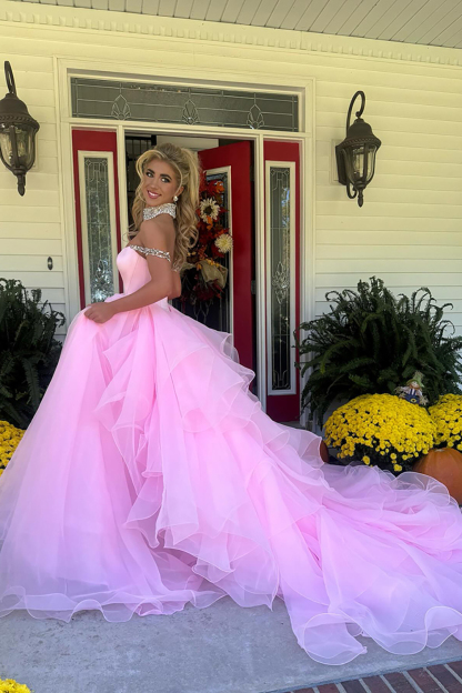 Long Corset Prom Dress in Pink with Off-the-Shoulder Princess Tulle