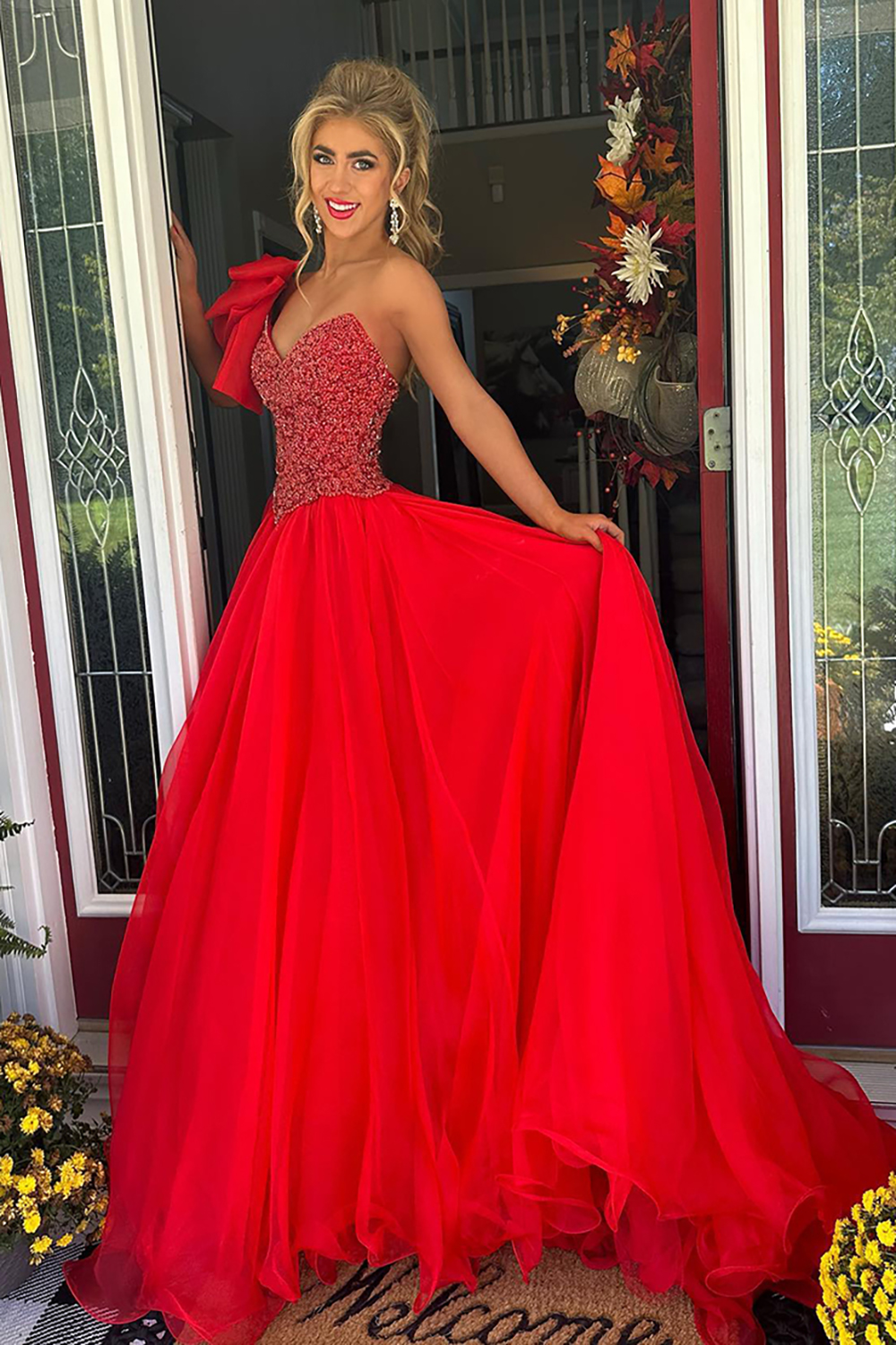 Long Red Prom Dress with Beading in Princess Tulle One Shoulder