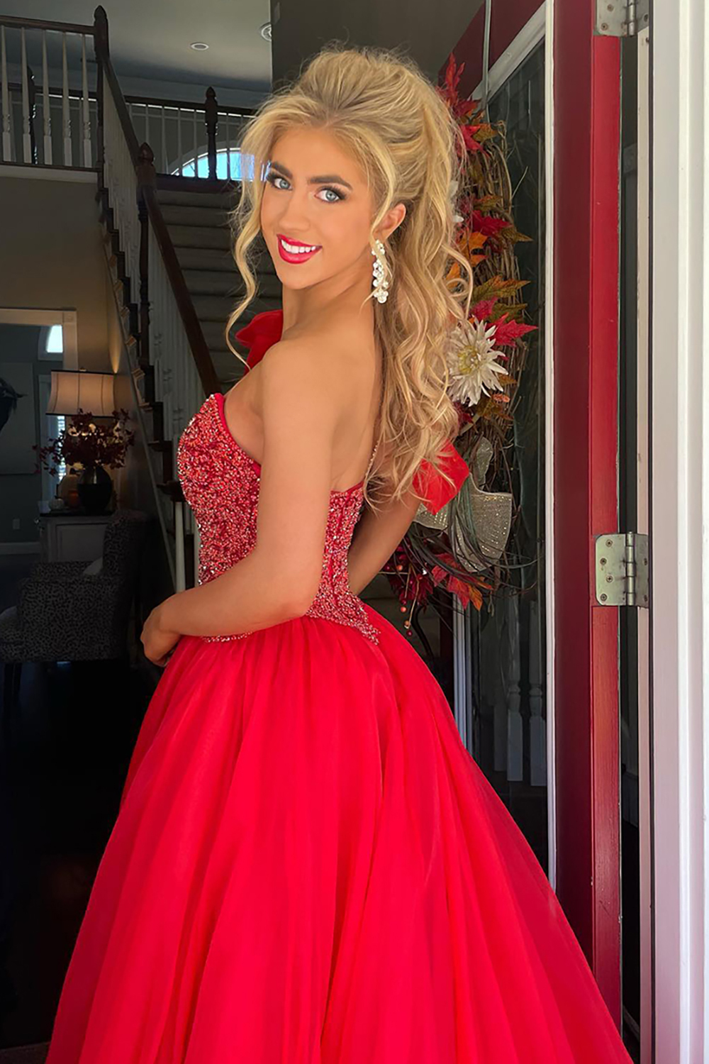 Long Red Prom Dress with Beading in Princess Tulle One Shoulder