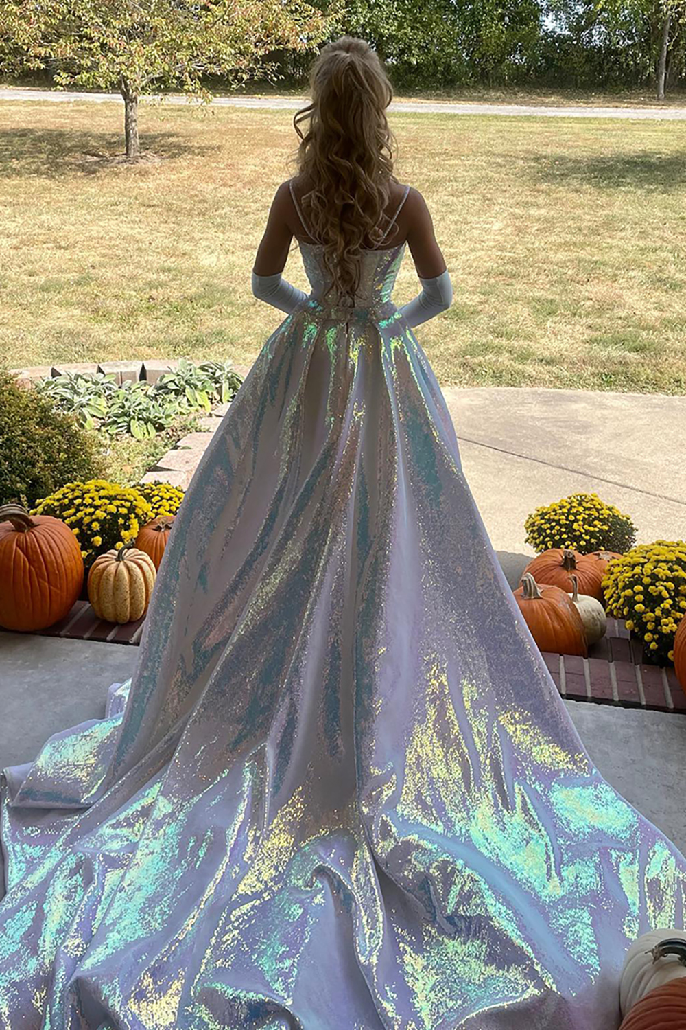 Long Metallic Mermaid Prom Dress in White with Spaghetti Straps and Slit (Gloves not Included)