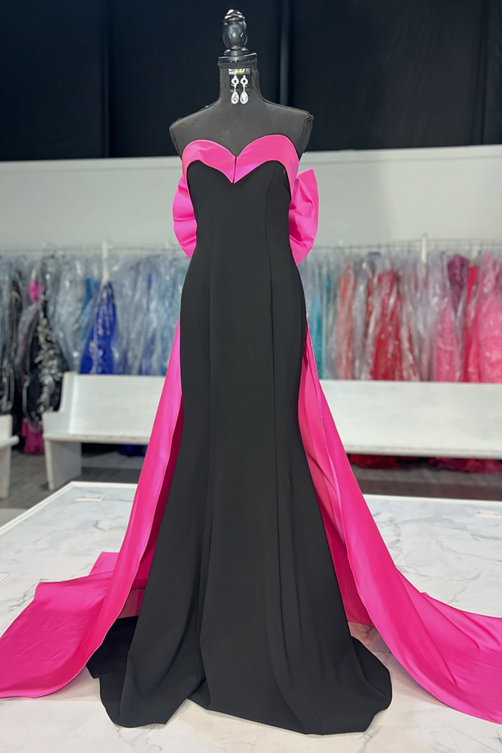 Long Satin Prom Dress in Black Fuchsia with Sweetheart Neckline and Mermaid Bow