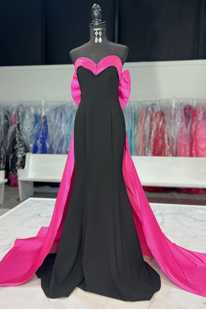 Long Satin Prom Dress in Black Fuchsia with Sweetheart Neckline and Mermaid Bow