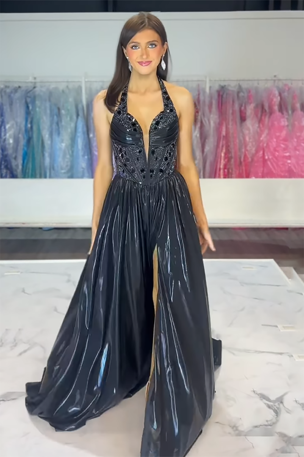 Metallic Royal Blue A-Line Prom Dress with Sequins and Halter Neck