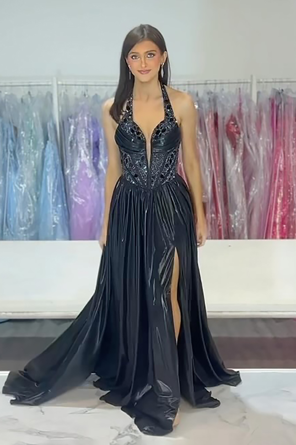 Metallic Royal Blue A-Line Prom Dress with Sequins and Halter Neck