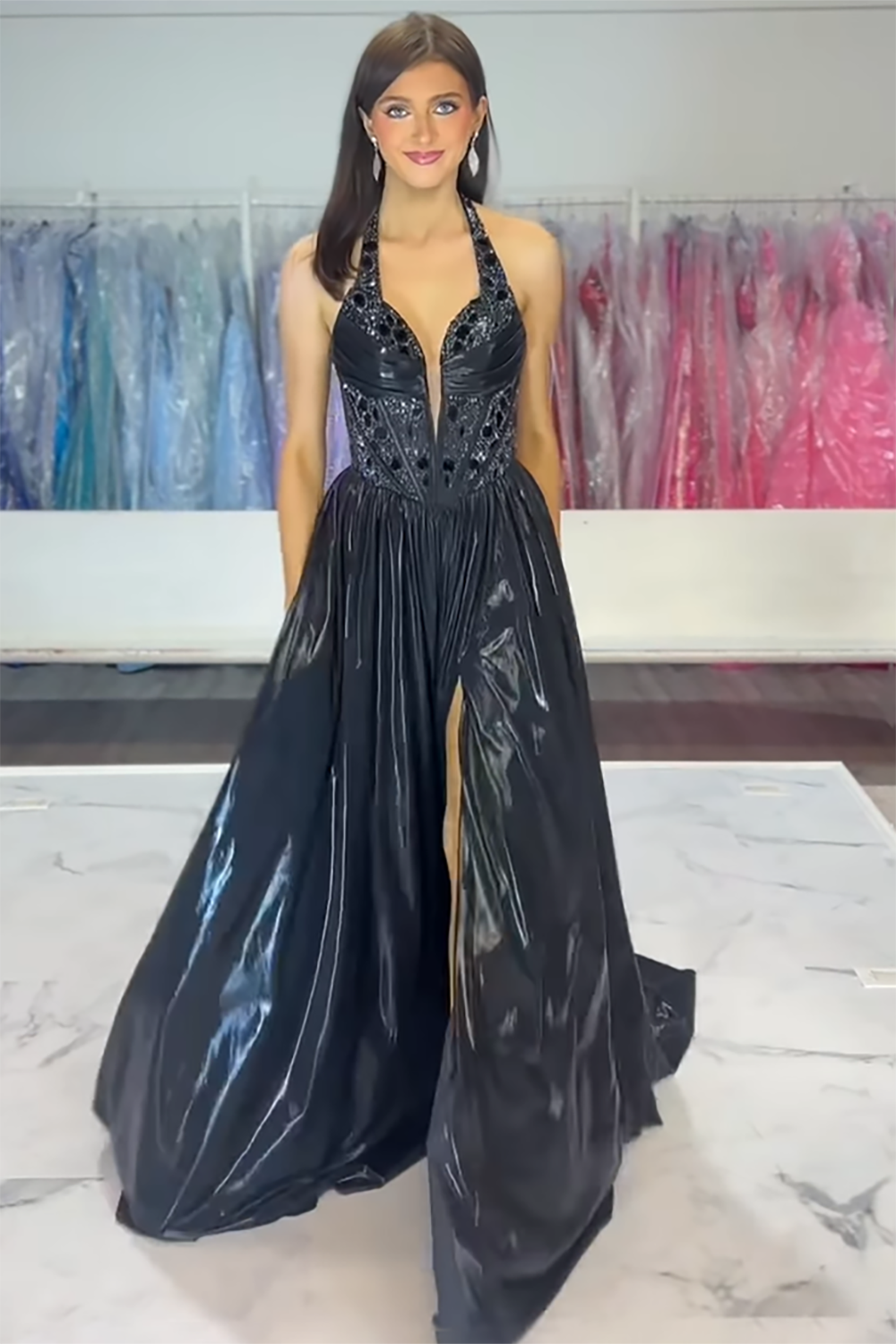 Metallic Royal Blue A-Line Prom Dress with Sequins and Halter Neck