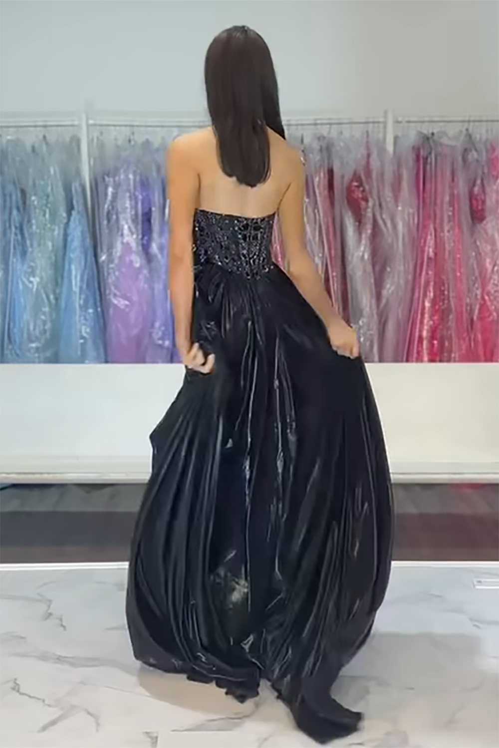 Metallic Royal Blue A-Line Prom Dress with Sequins and Halter Neck