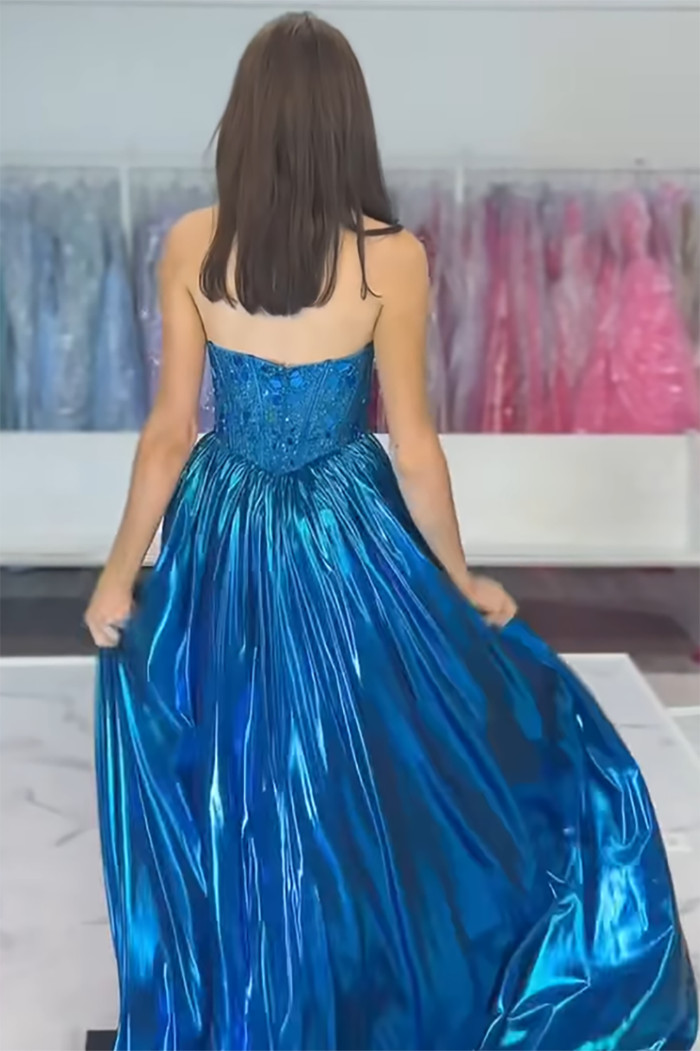 Metallic Royal Blue A-Line Prom Dress with Sequins and Halter Neck