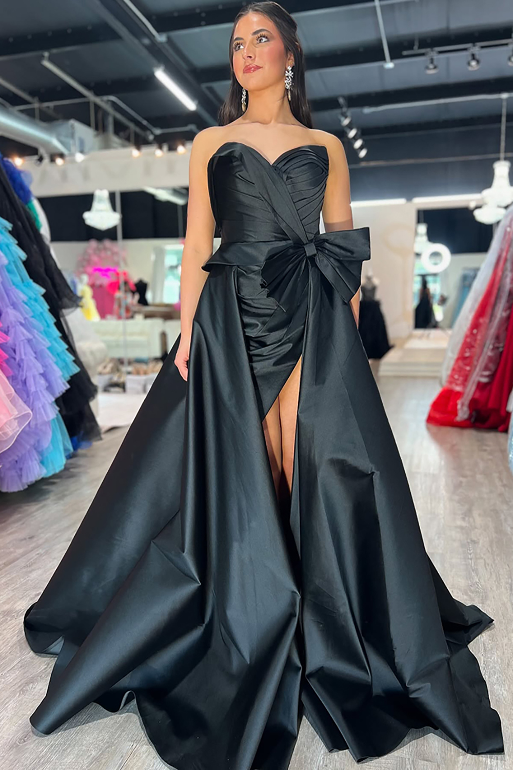 Long Black Satin Prom Dress with Sweetheart Neckline and Ruched Bow