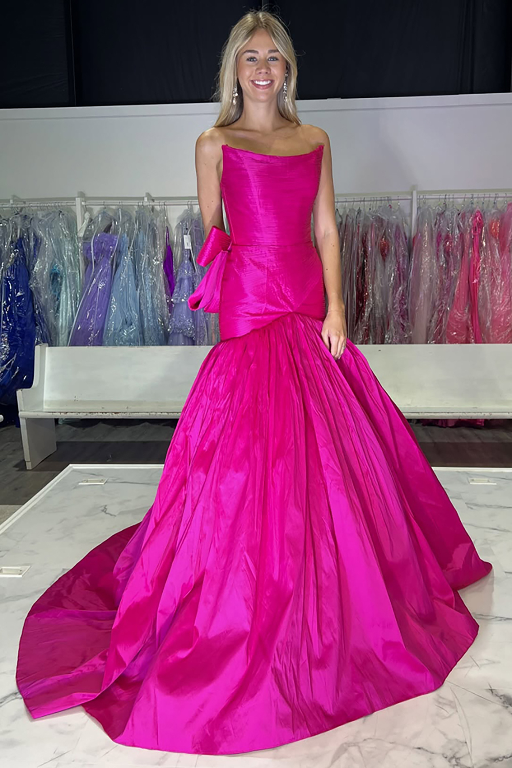 Long Strapless Satin Prom Dress in Fuchsia with Ruched Mermaid Design and Bow