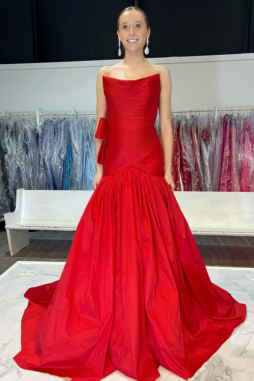 Long Strapless Satin Prom Dress in Fuchsia with Ruched Mermaid Design and Bow