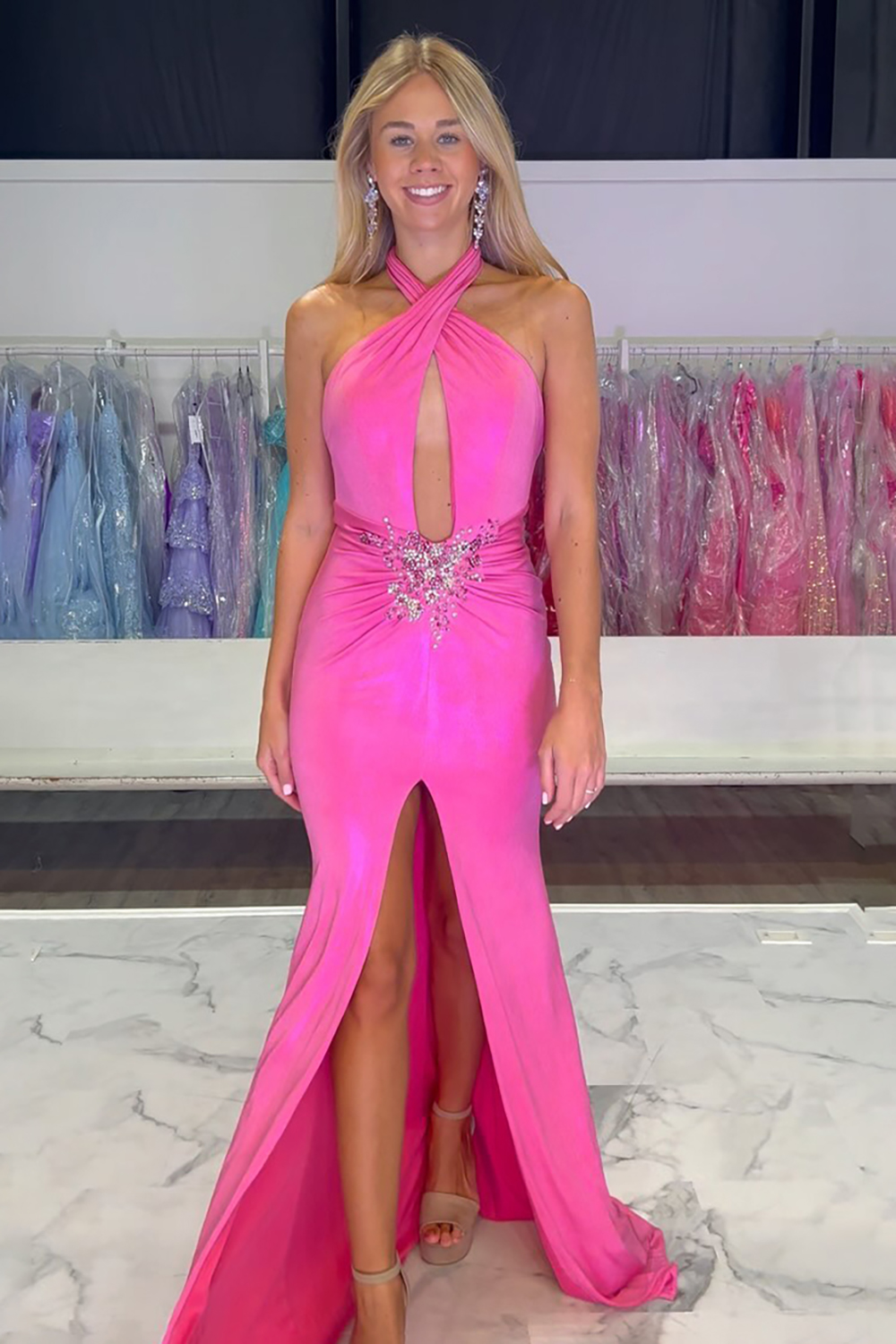 Long Backless Fuchsia Prom Dress in Satin with Halter Neck and Mermaid Slit