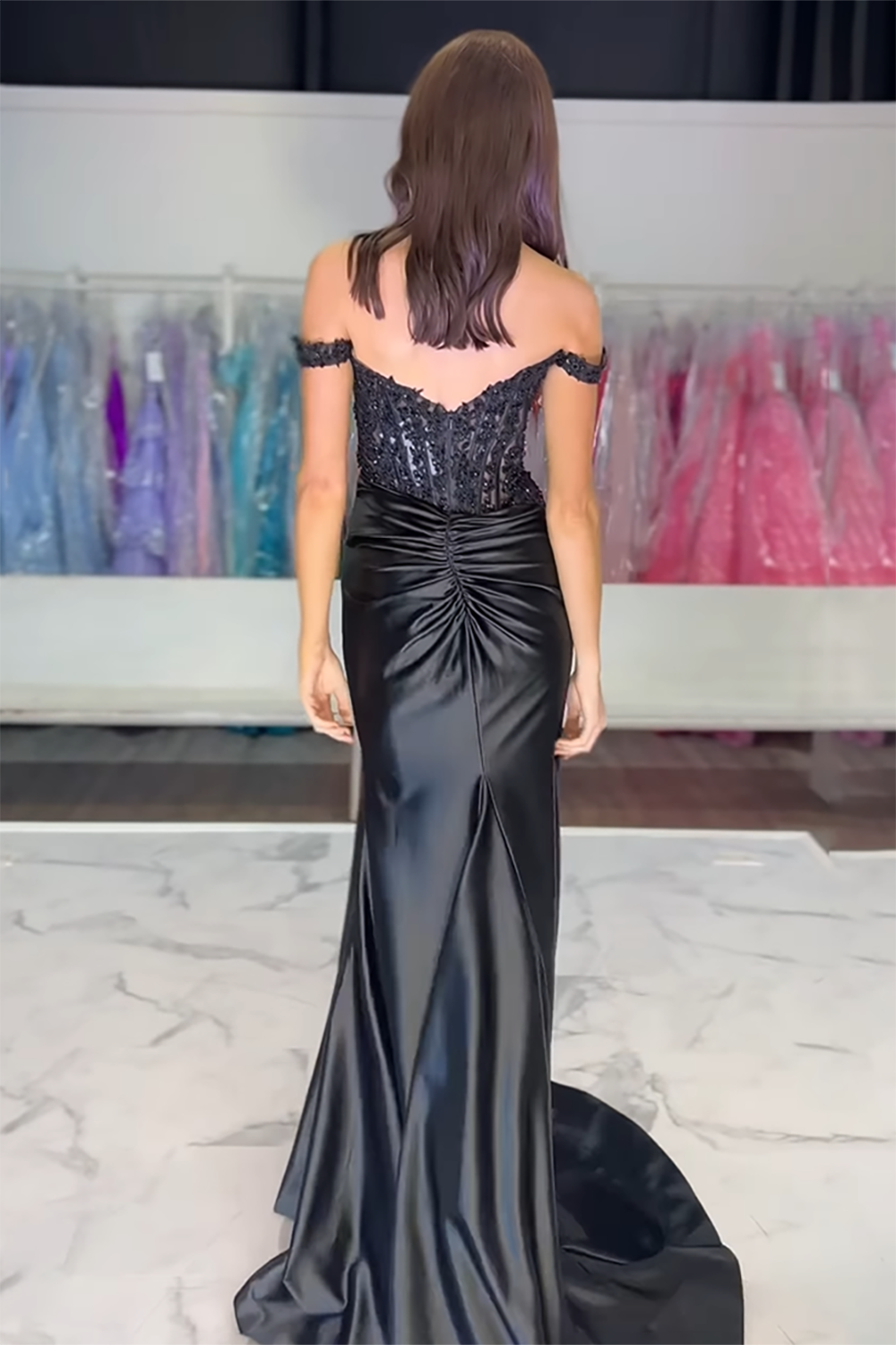 Long Satin Prom Dress with Lace in Pink Off the Shoulder Corset Style