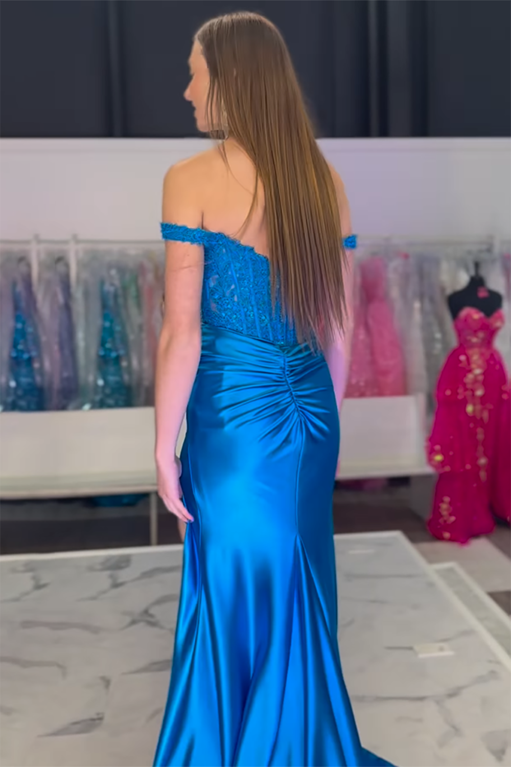 Long Satin Prom Dress with Lace in Pink Off the Shoulder Corset Style