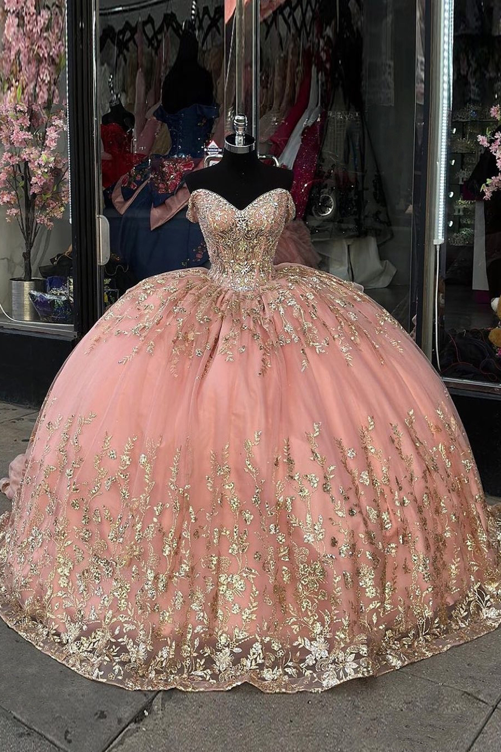 Sequined Off-the-Shoulder Quinceanera Dress with Sparkly Blush Beading