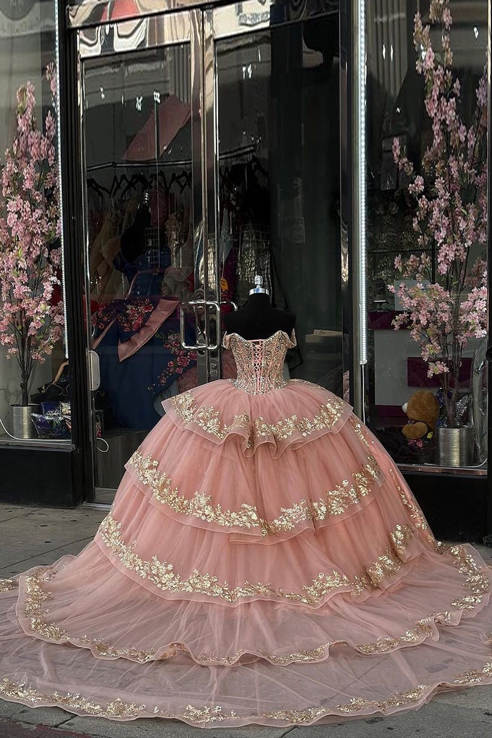 Sequined Off-the-Shoulder Quinceanera Dress with Sparkly Blush Beading