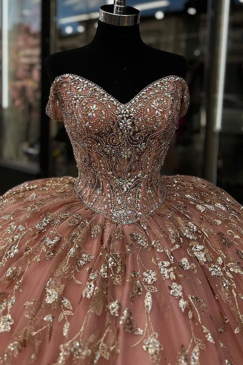 Sequined Off-the-Shoulder Quinceanera Dress with Sparkly Blush Beading