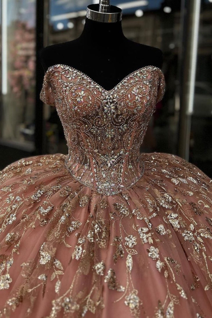Sequined Off-the-Shoulder Quinceanera Dress with Sparkly Blush Beading