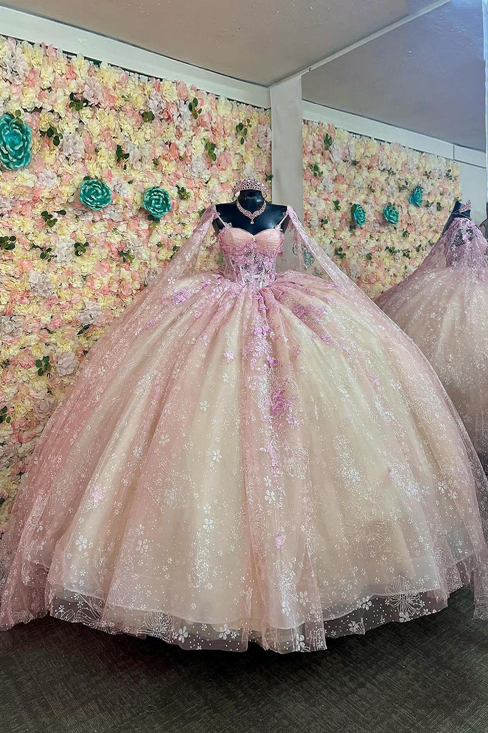 Quinceanera Dress in Blush Champagne with Spaghetti Straps and Appliques