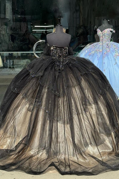 Off the Shoulder Black Apricot Ball Gown with Sparkle for Quinceanera
