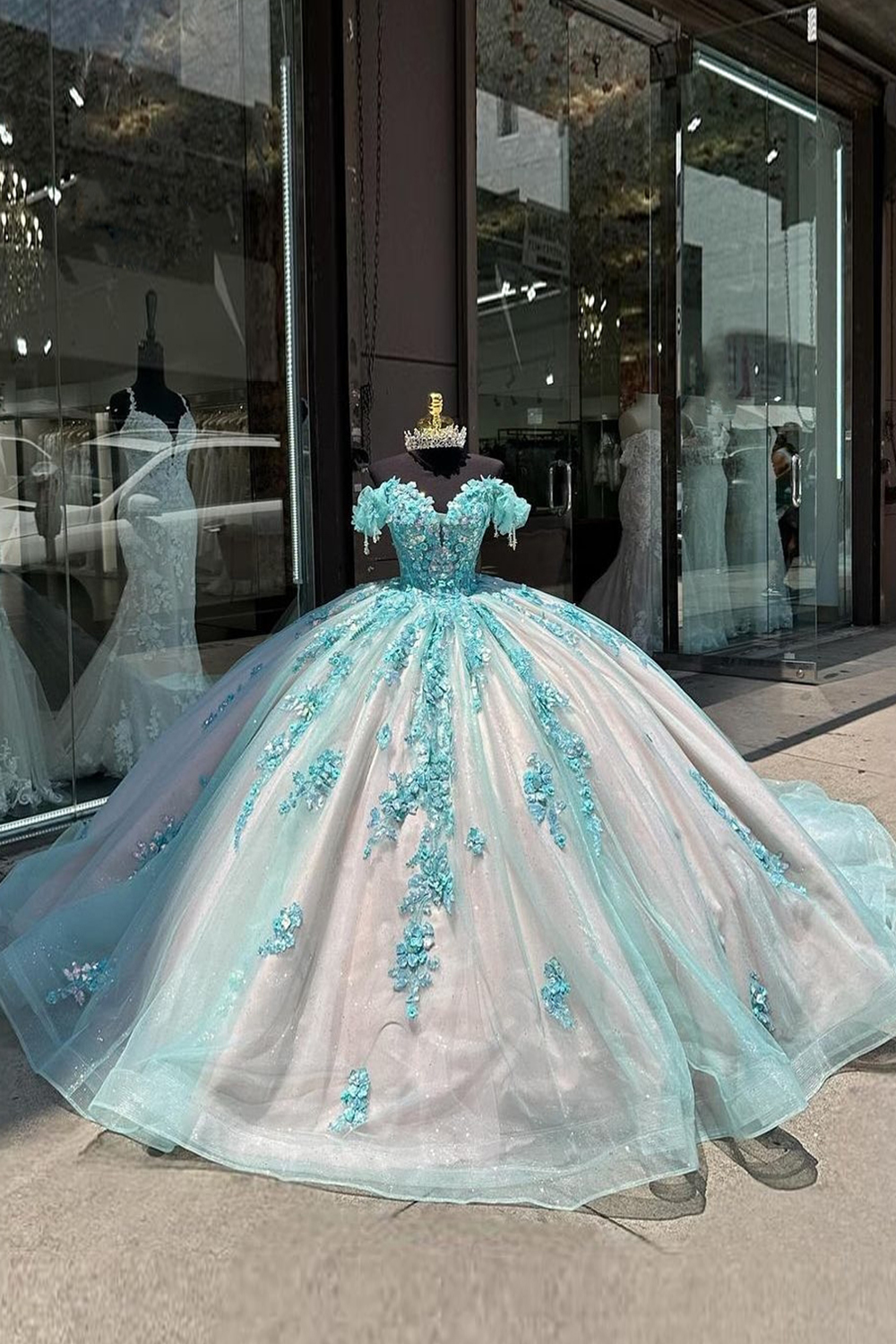 Off-the-Shoulder Quinceanera Ball Gown in Green Pink with Sequin Applique