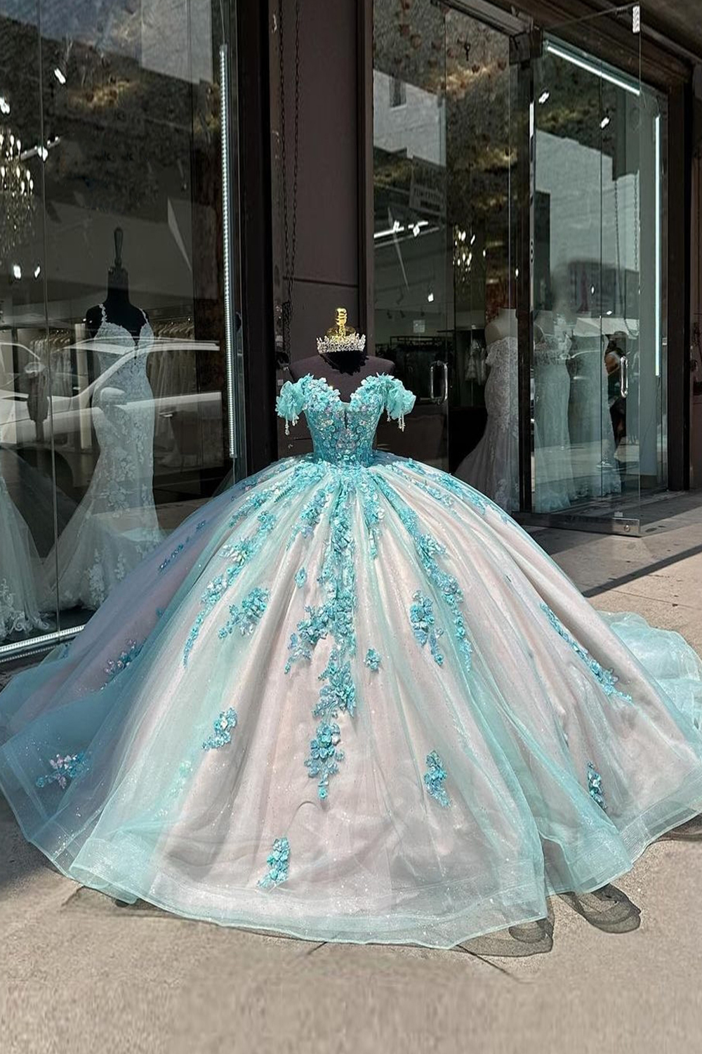 Off-the-Shoulder Quinceanera Ball Gown in Green Pink with Sequin Applique
